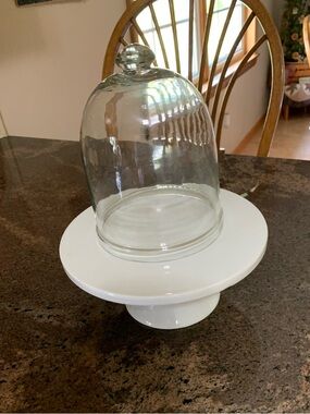 White Glass Cloche Cake Stand with Large & Small Clear Domes